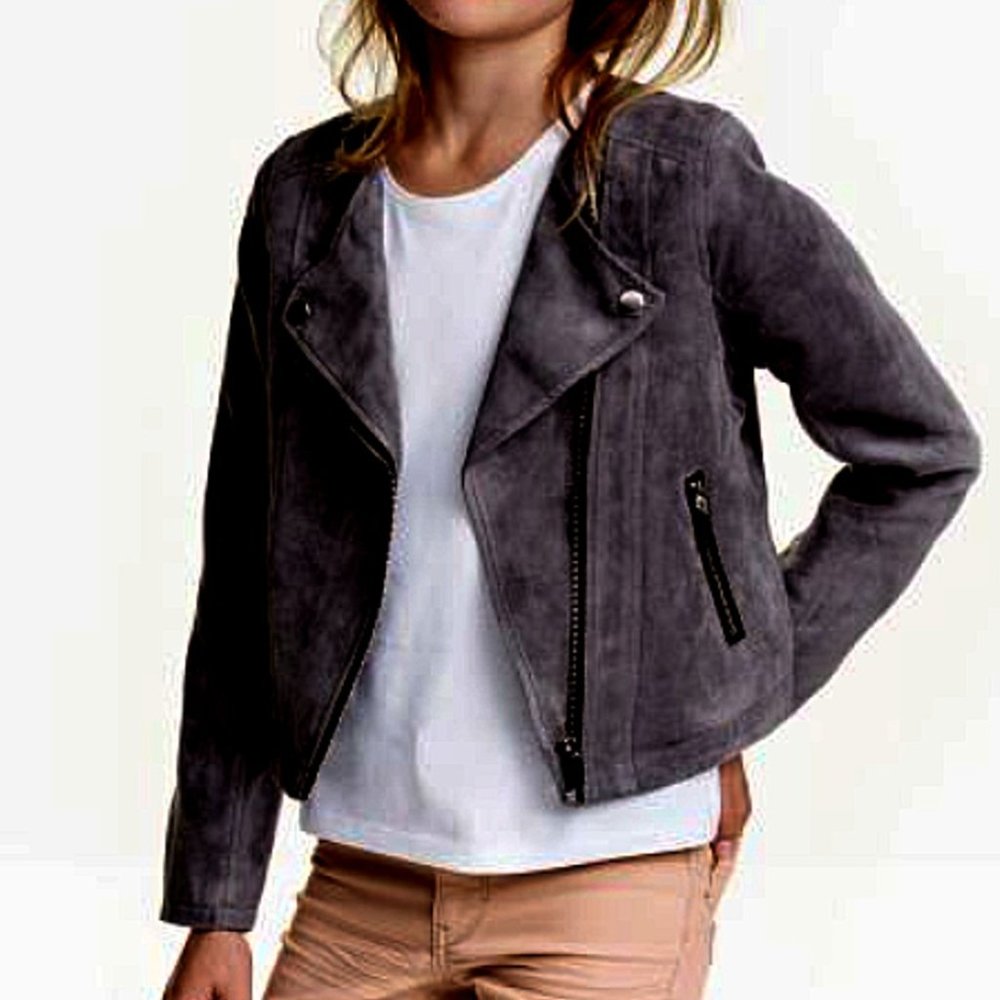 H&M Kids Diagonal Zip Lined Long Sleeve Moto Jacket Ash Gray Girls Size‎ 12-13Y
